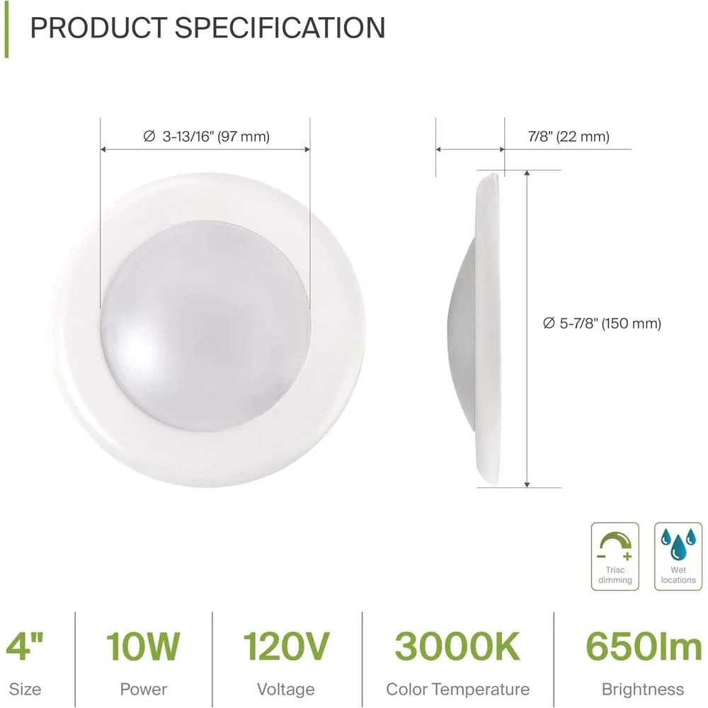 Pack of 6 ASD LED Disk Lights 4 Inch, 10W 3000K Warm White 650LM, Dimmable Flush